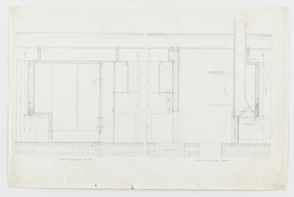 Farnsworth House, Plano, Illinois (Cross-sections through bath-tub and fireplace.)