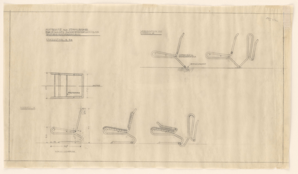 Folding car seat of tubular steel, with rubber straps (Plan and elevations)
