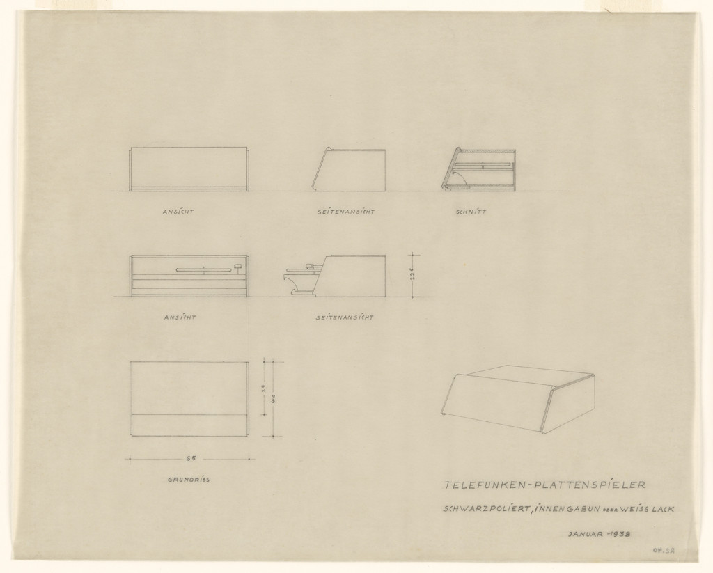 Design for Telefunken Record Player, Elevations, section, plan and perspective