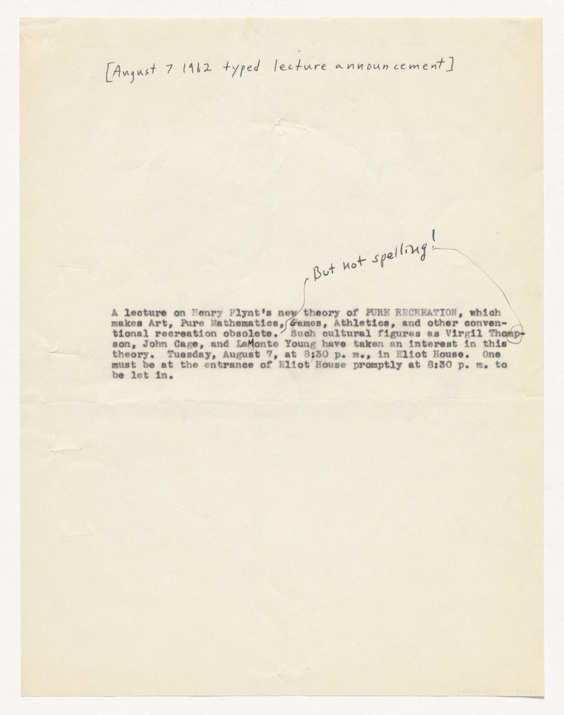 Pure Recreation. Announcement of lecture, Harvard University, August 7, 1962