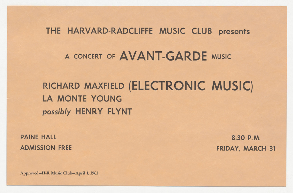 Flyer for A Concert of Avant-Garde Music, The Harvard-Radcliffe Music Club, March 31, 1961