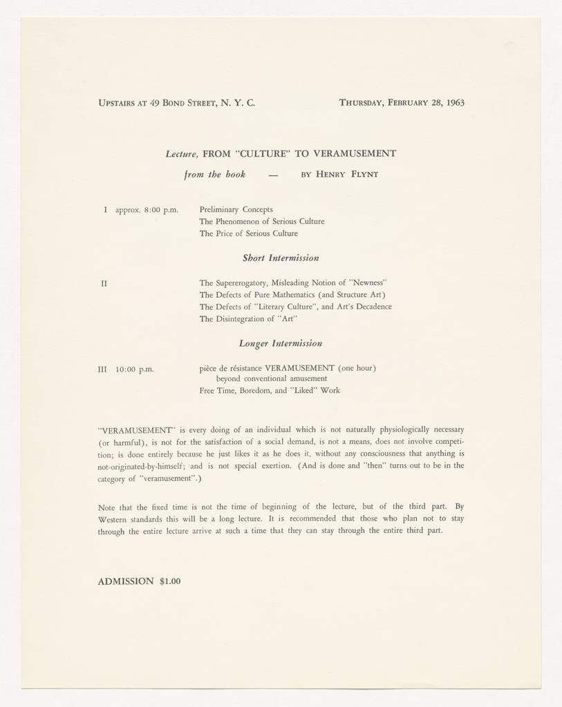 Announcement for From "Culture" to Veramusement, 49 Bond Street, New York, February 28, 1963