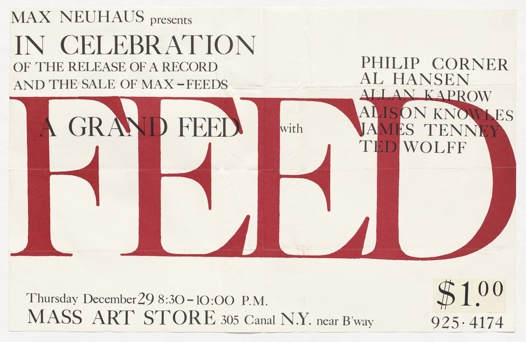 Poster for A Grand Feed, presented by Max Neuhaus, Mass Art Store, New York, December 29, 1966