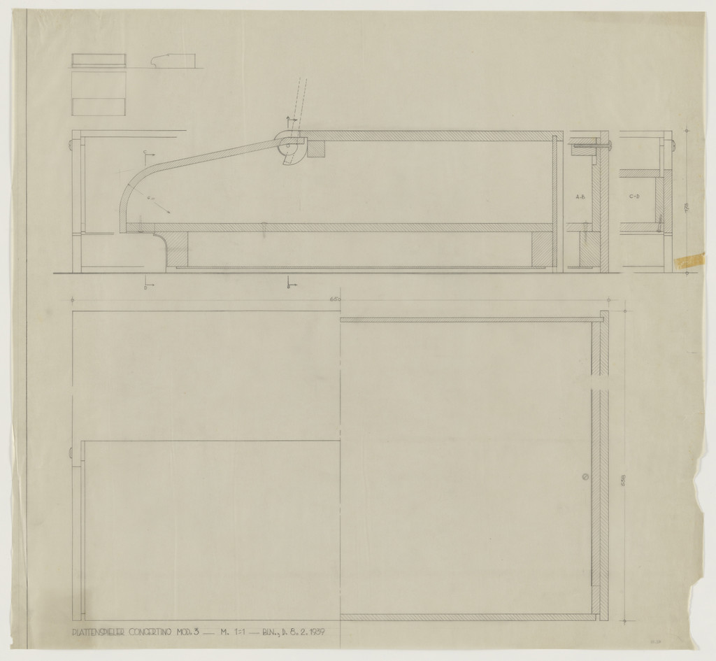 Design for Telefunken Record Player, Model 3, Concertino record-player. Elevations, plan, and sections