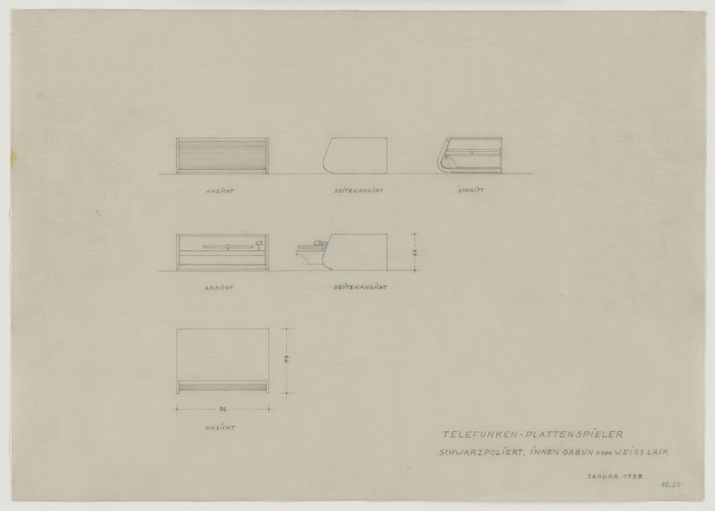 Design for Telefunken Record Player, Elevations, section, and plan
