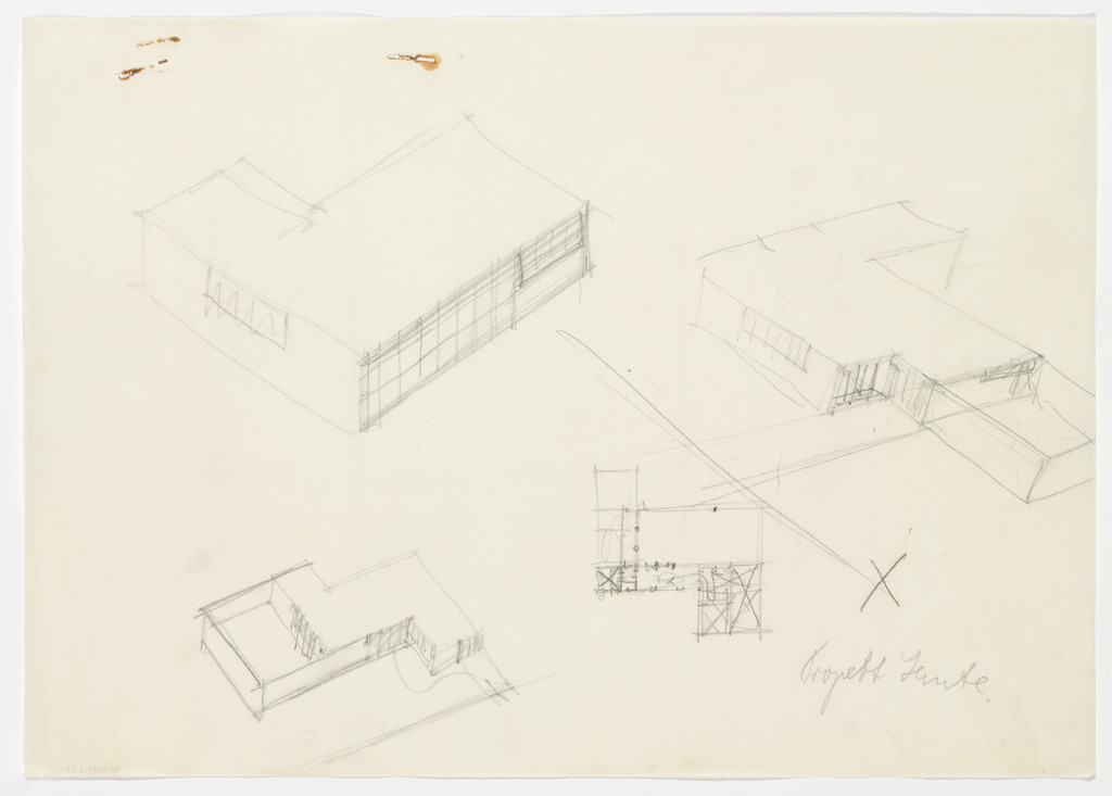 Lemke House, Berlin, Germany, Three aerial perspective sketches. One plan