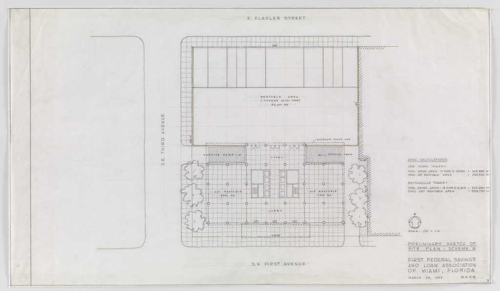 First Federal Savings Building Project, Miami, FL, Preliminary sketch of site plan. Scheme A