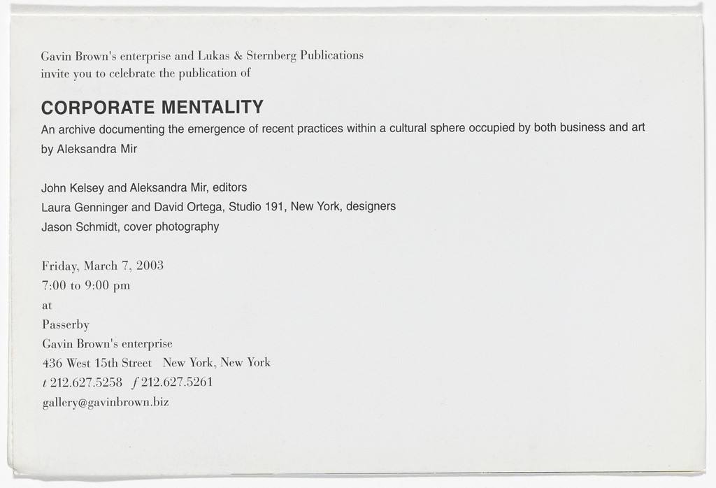 Invitation to Corporate Mentality release party, Gavin Brown's enterprise, New York, March 7, 2003