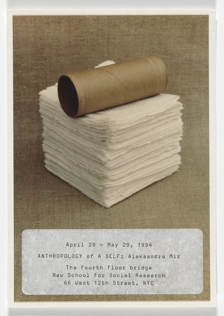 Announcement card for Anthropology of a Self; Aleksandra Mir, The New School for Social Research, New York, April 28–May 29, 1994