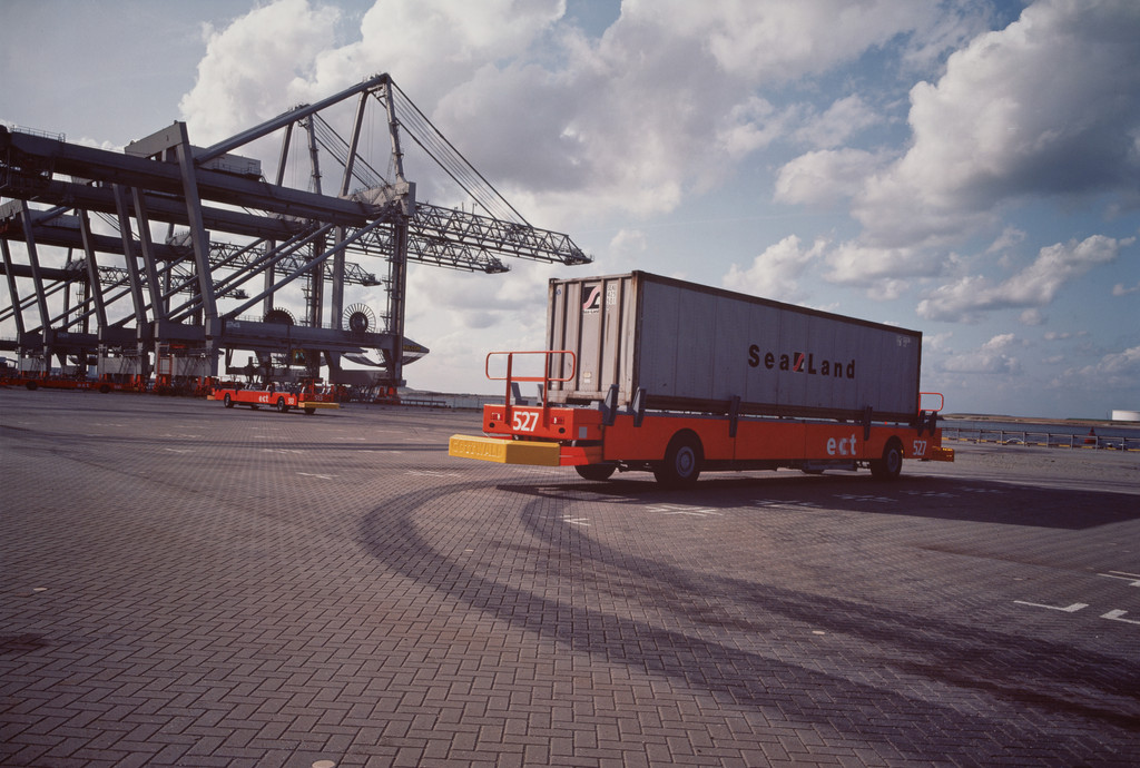 Testing robot-truck designed to move containers within automated ECT/Sea-Land cargo terminal. Maasvlakte, Port of Rotterdam, the Netherlands from the series Fish Story