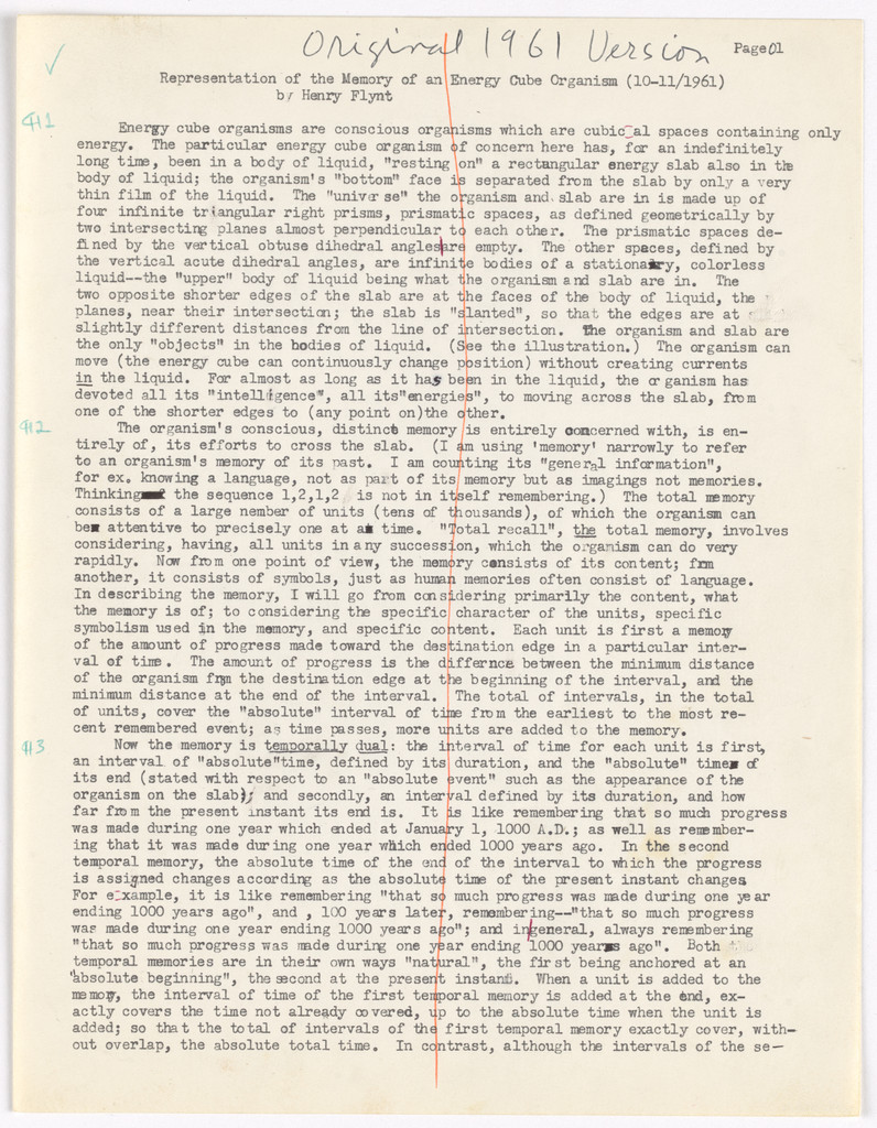 Representation of the Memory of an Energy Cube Organism: Mid-sixties typescript