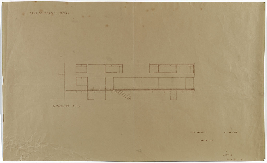 Tugendhat House, Brno, Czech Republic, Garden side elevation, print of MR2.190