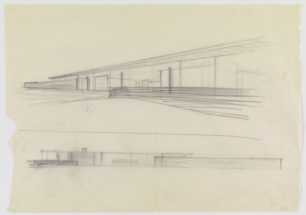 Joseph Cantor House Project, Indianapolis, Indiana (Exterior perspective and elevation sketch)