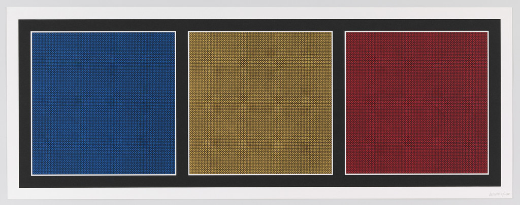 A Rectangle Bordered and Divided Vertically into Three Equal Squares; One Red, One Yellow; and One Blue, Each with Black Lines in Four Directions