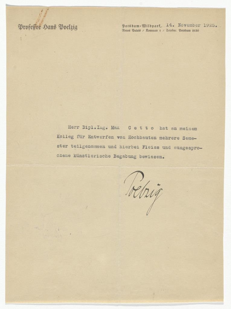 Hans Poelzig letterhead (Letter to Max Cetto from Poelzig)