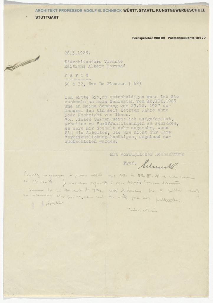 Adolf G. Schneck letterhead (Letter to Jean Badovici from Schneck)