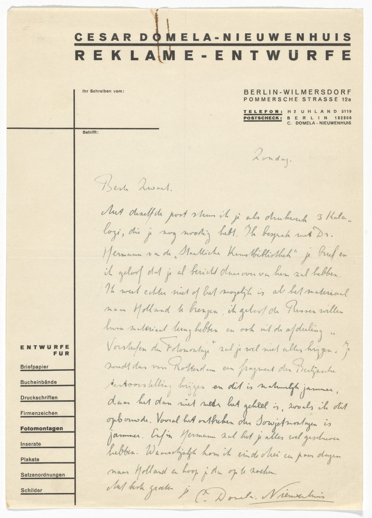César Domela-Nieuwenhuis letterhead (Letter to Piet Zwart)