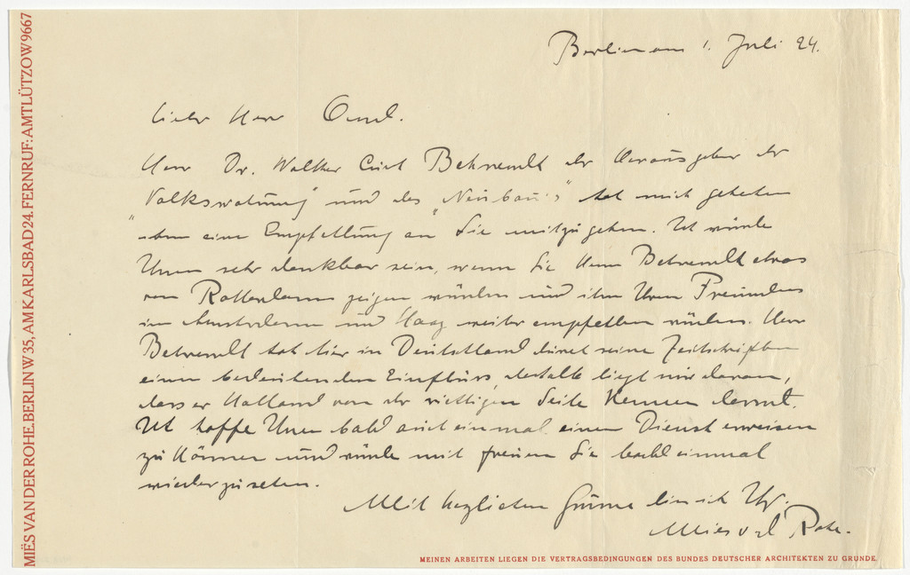 Mies van der Rohe letterhead (Letter to J.J.P. Oud from Mies)
