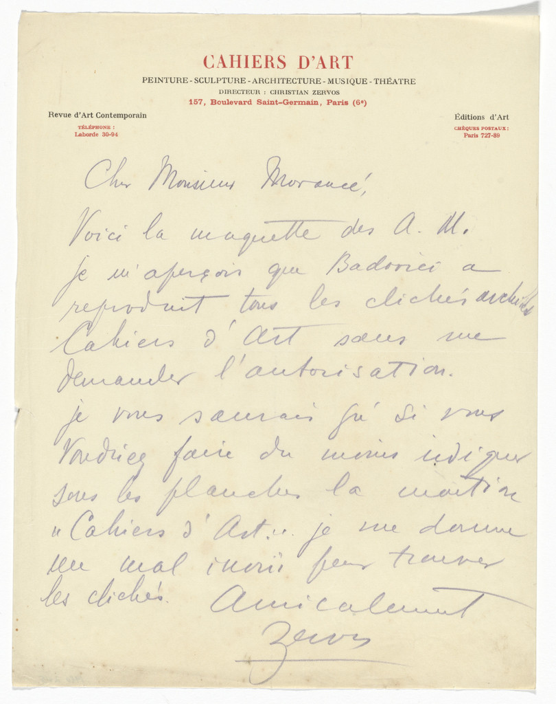 Cahiers d'Art letterhead (Letter from Christian Zervos to Albert Morance)