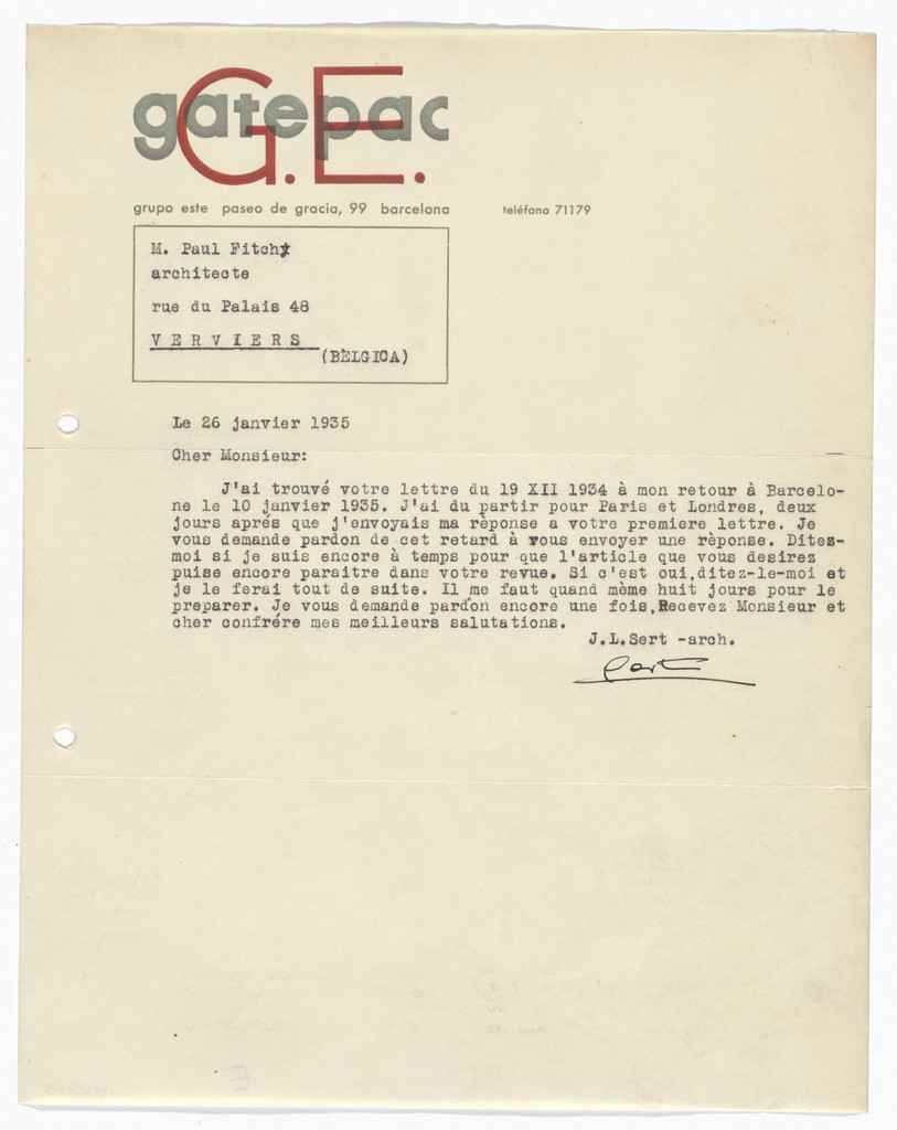 GATEPAC (Grupo de Artistas y Técnicos Españoles Para la Arquitectura Contemporánea) letterhead (Letter from Josep Lluís Sert to Paul Fitchy)