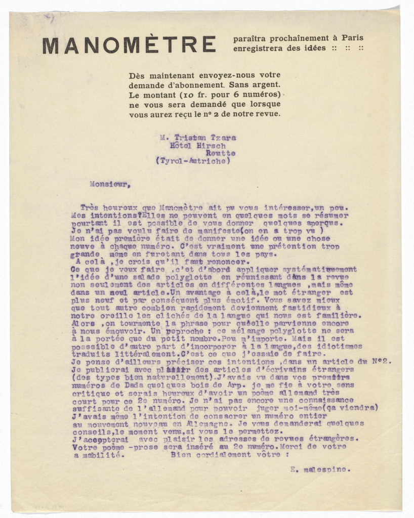 Manomètre letterhead (Letter from E. Malespine to Tristan Tzara)