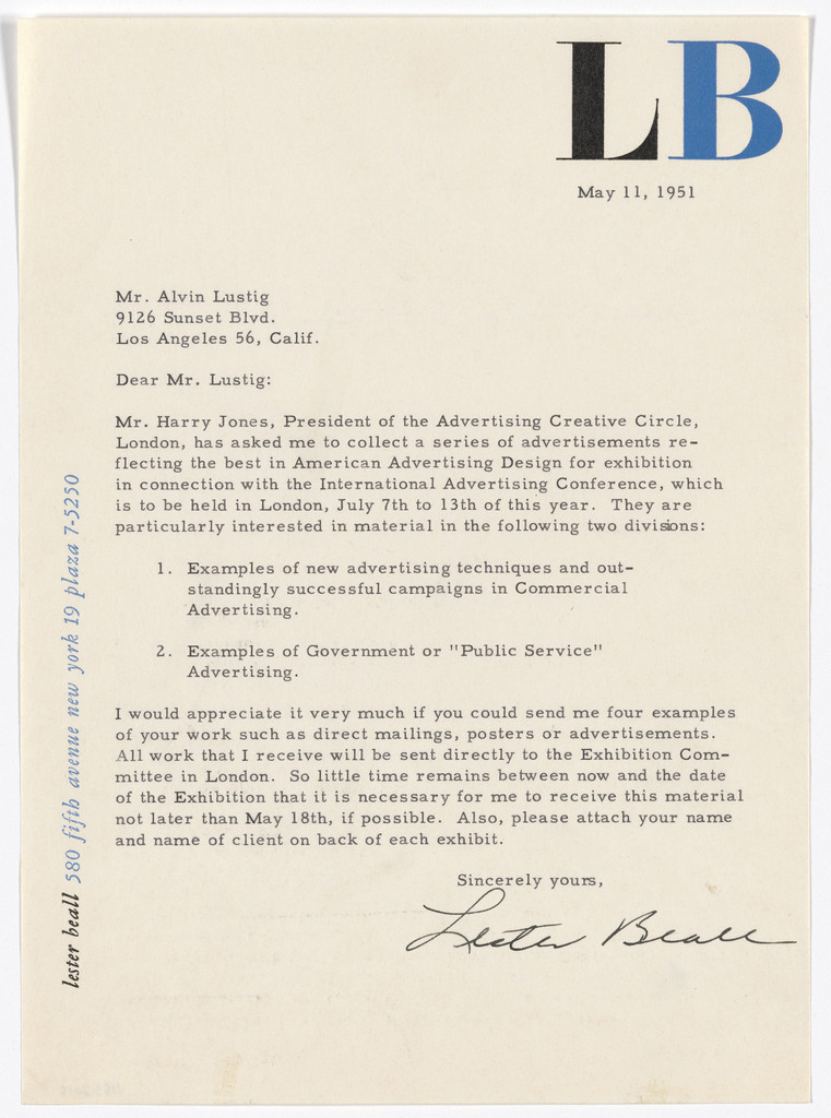 Lester Beall letterhead (Letter to Alvin Lustig)