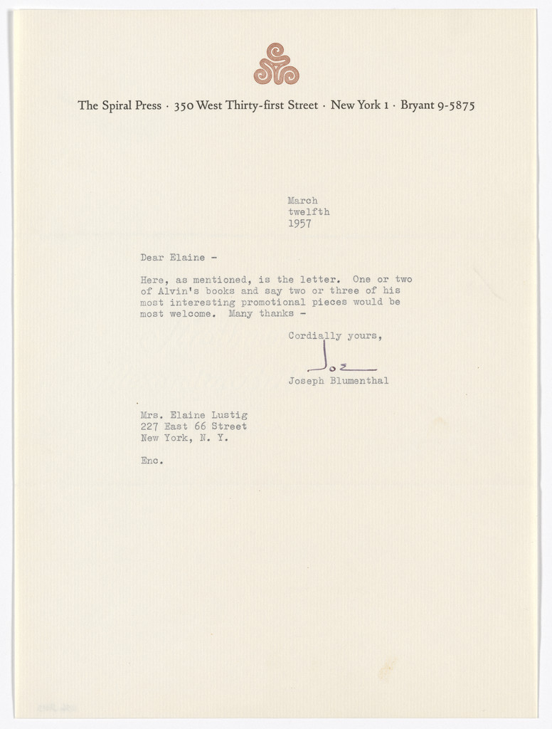 Spiral Press letterhead (Letter to Elaine Lustig Cohen)