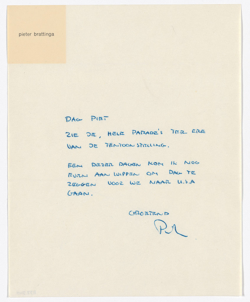 Pieter Brattinga letterhead (Handwritten letter to Piet Zwart)