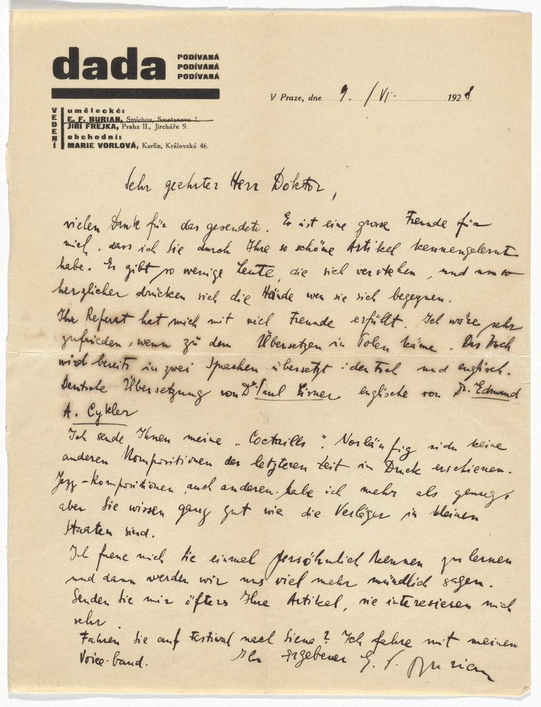 Dada Podívaná Letterhead (Letter from E.F. Burian)
