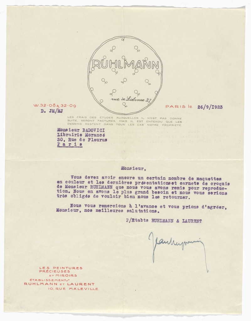 Emile-Jacques Ruhlmann letterhead (Letter to Jean Badovici)