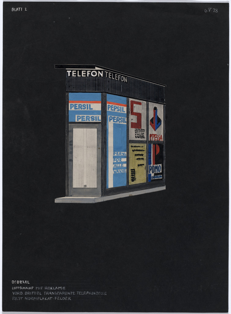 Design for airshaft with advertising and telephone booth