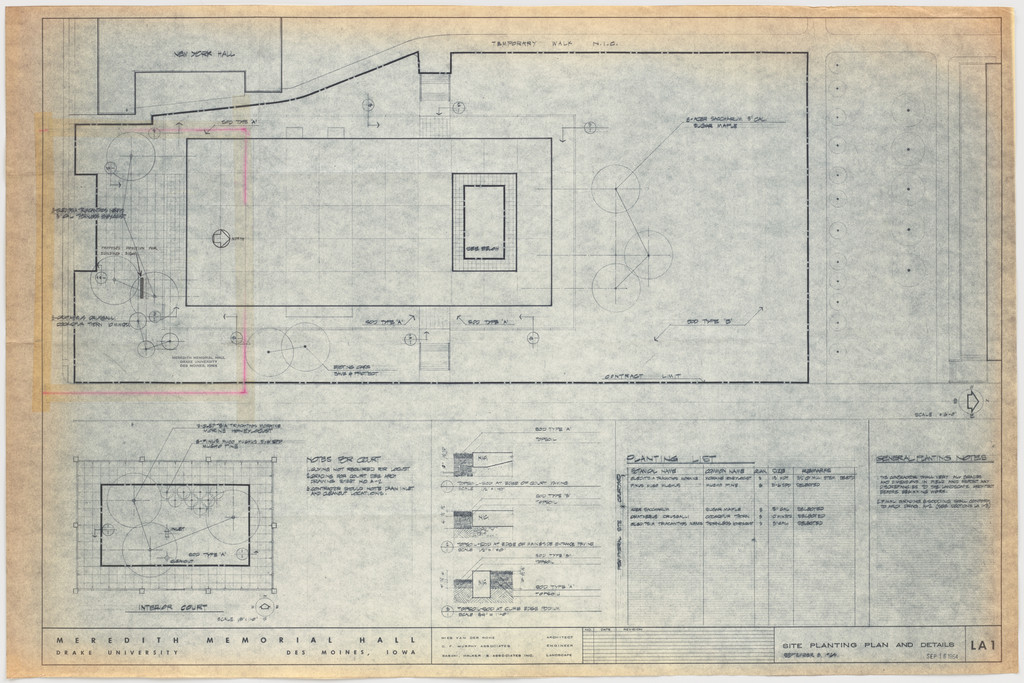 Meredith Memorial Hall, Drake University, Des Moines, IA (Site planting plan and details)