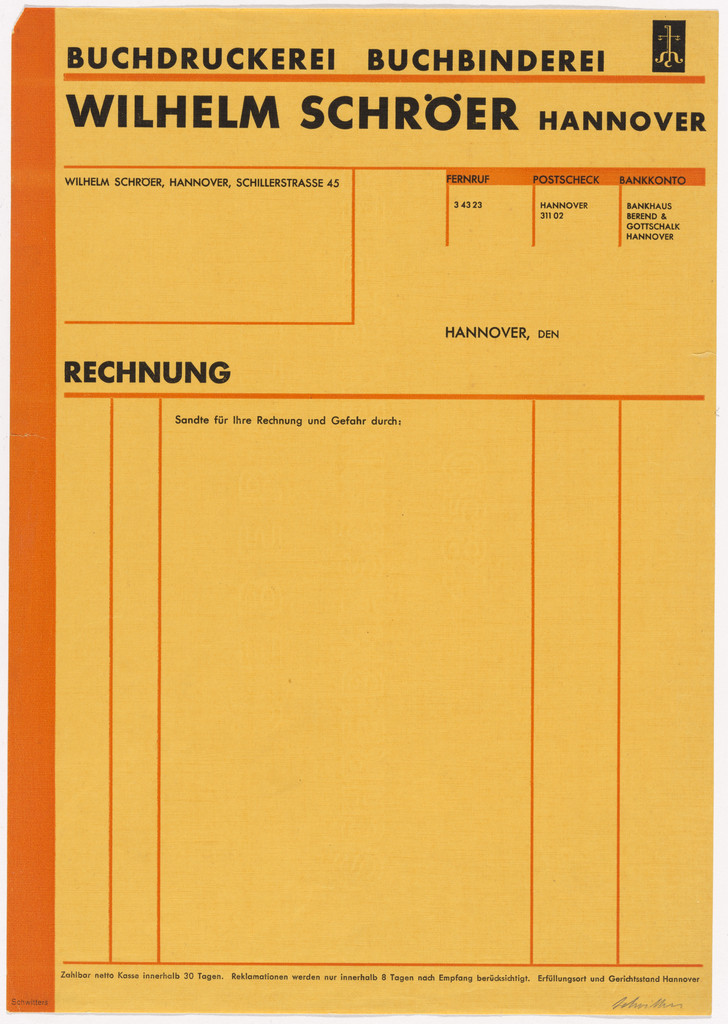 Stationery invoice for Wilhelm Schröer Printing House and Bindery (Buchdruckerei Buchbinderei), Hannover