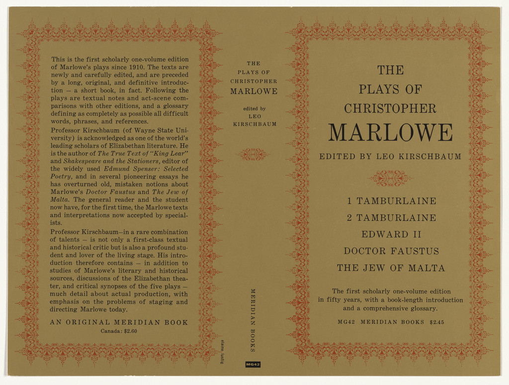 Book cover for "The Plays of Christopher Marlowe" edited by Leo Kirschbaum
