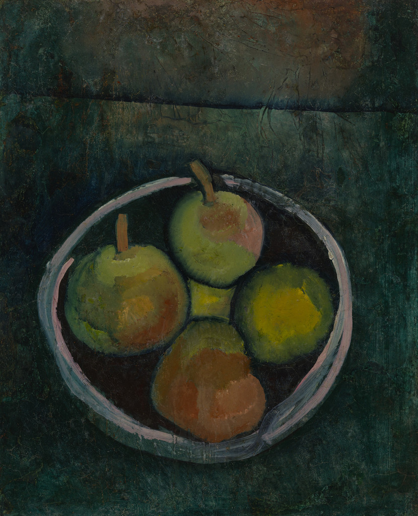 Still Life with Four Apples (Stilleben mit vier Früchten in Schale vor dunkelgrünem Grunde)