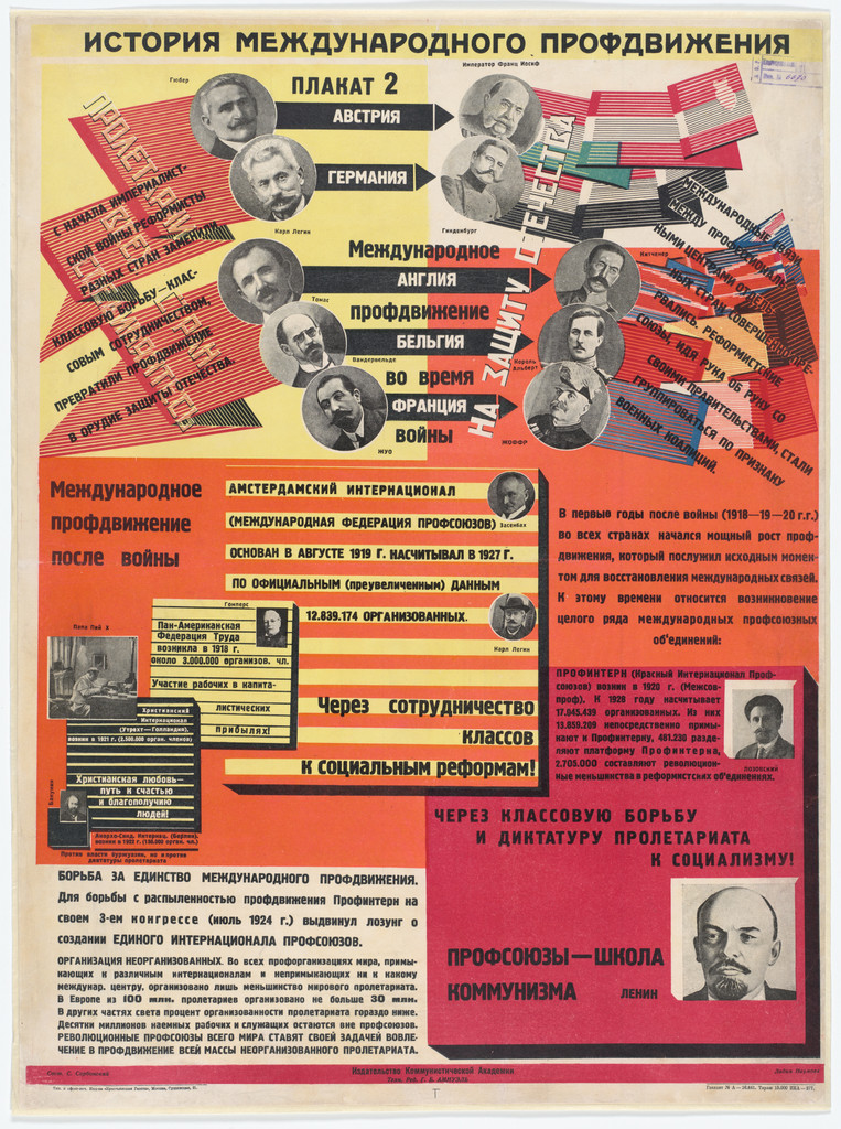 The International Trade Union Movement During the War (Mezhdunarodnoe profdvizhenie vo vremia voiny). Poster no. 2 from the series History of the International Trade Union Movement (Istoriia mizhnarodnoho profruhu)