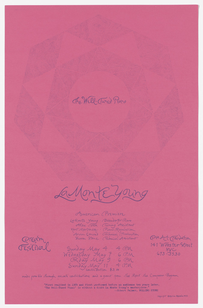 Poster for La Monte Young, The Well Tuned Piano, Dream Festival, Dia Art Foundation, May 1975