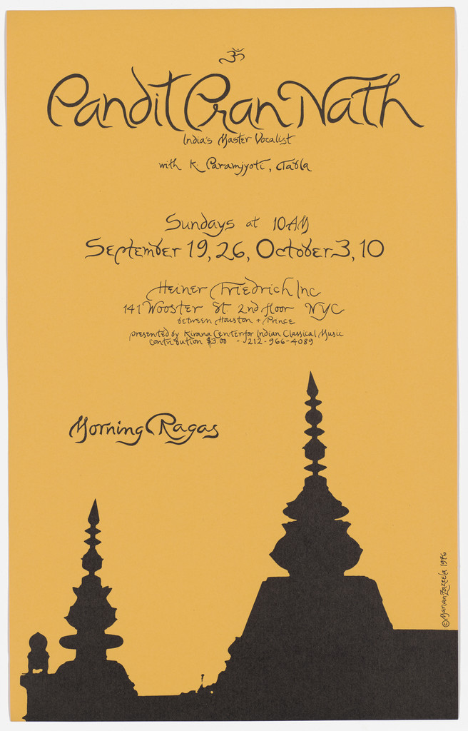 Poster for Pandit Pran Nath, Morning Ragas, Heiner Friedrich Inc. (Dia Art Foundation), September - October 1976