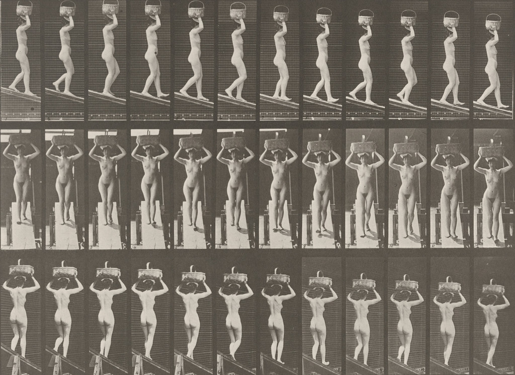 Woman Descending an Incline with a 20-lb. Basket on Head, Hands Raised: Plate 124 from Animal Locomotion (1887)