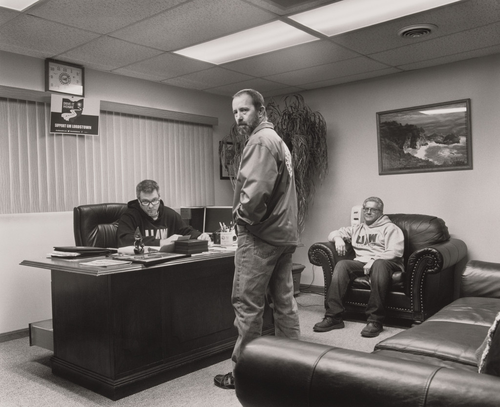 UAW Local 1112 President David Green, Financial Secretary Rick Smith, and Vice President Timothy O’Hara inside the president’s office at UAW Local 1112 Reuther Scandy Alli union hall, Lordstown, OH, 2019 from The Last Cruze