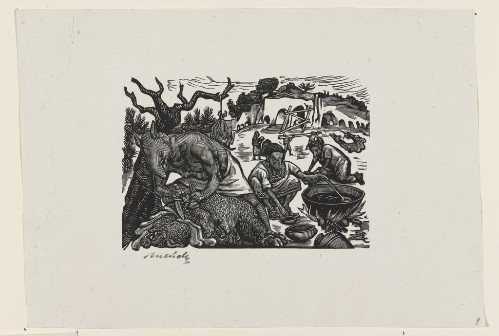 Preparing the Feast in Animal-land (Preparando el festin en Animaletania), plate 9, from the portfolio Méndez: 25 Prints [illustrations for the book "Incidentes Melódicos del Mundo Irracional" by Juan de la Cabada]