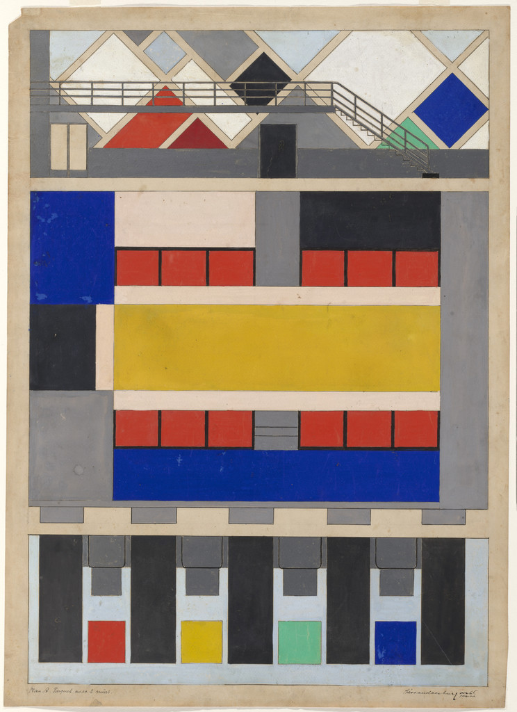 Preliminary color scheme for floor and long walls of dance hall in Café Aubette, Strasbourg, France
