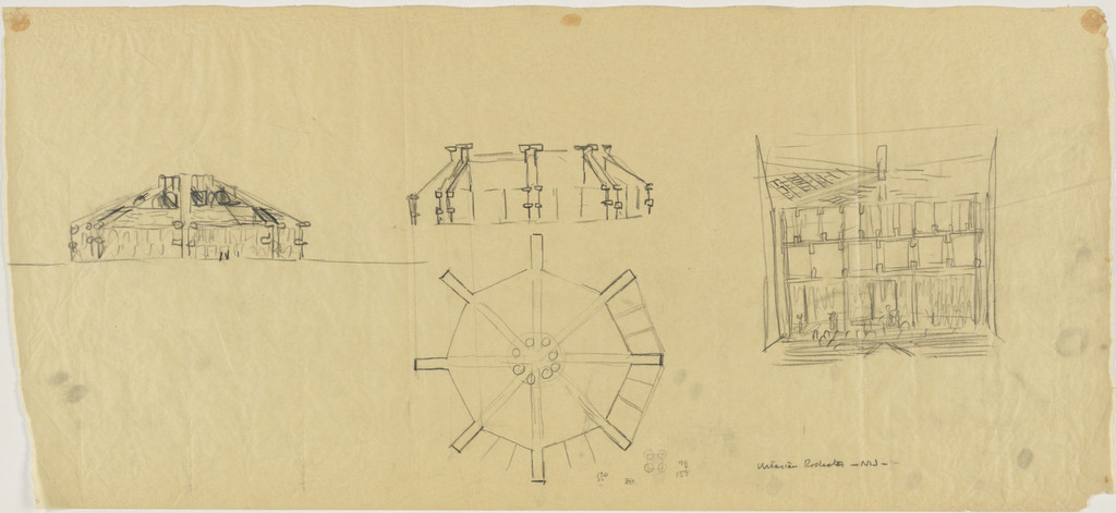First Unitarian Church and School, Rochester, New York, Plan, elevation, and interior perspective sketches