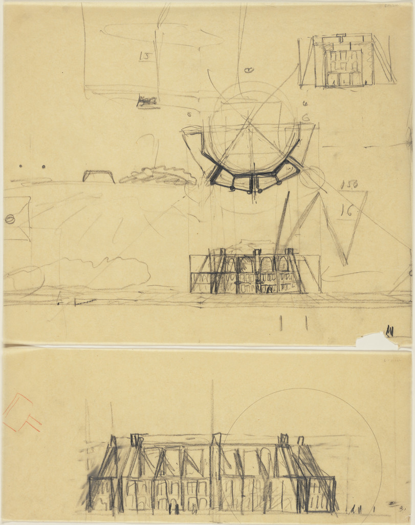 First Unitarian Church and School, Rochester, New York, Plan, elevation, and perspective sketches