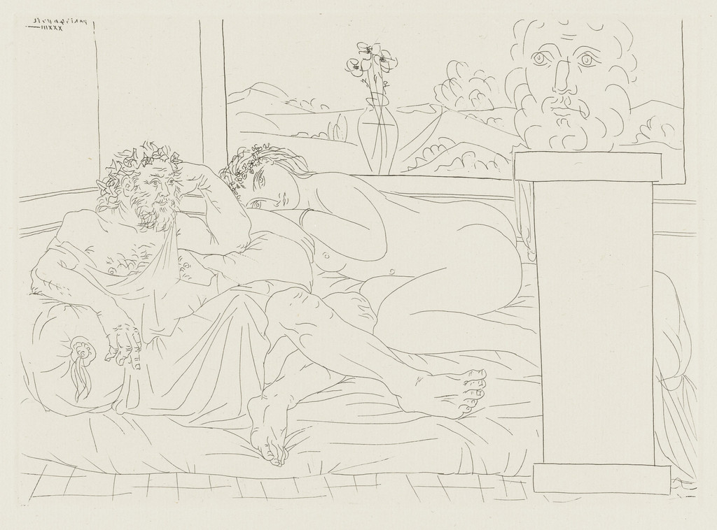 Old Greek Sculptor with Model, Vase with Three Anemones, and Sculpted Self-Portrait (Vieux sculpteur grec avec modèle, vase aux trois anémones, et autoportrait sculpté) from the Vollard Suite (Suite Vollard)