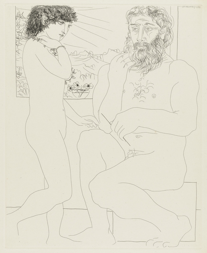 Dreaming Sculptor, Model with Black Hair and Bowl with Three Anemones (Sculpteur songeant, modèle aux cheveux noirs et bol avec trois anémones) from the Vollard Suite (Suite Vollard)