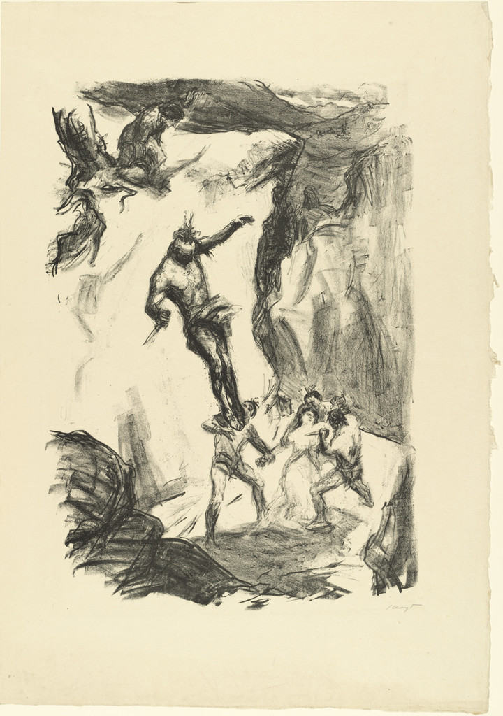 Unca Jumps Down to Save Cora (Unkas springt herab um Cora zu retten) from the supplementary suite accompanying the illustrated book Lederstrumpf-Erzählungen (The Leatherstocking Tales)