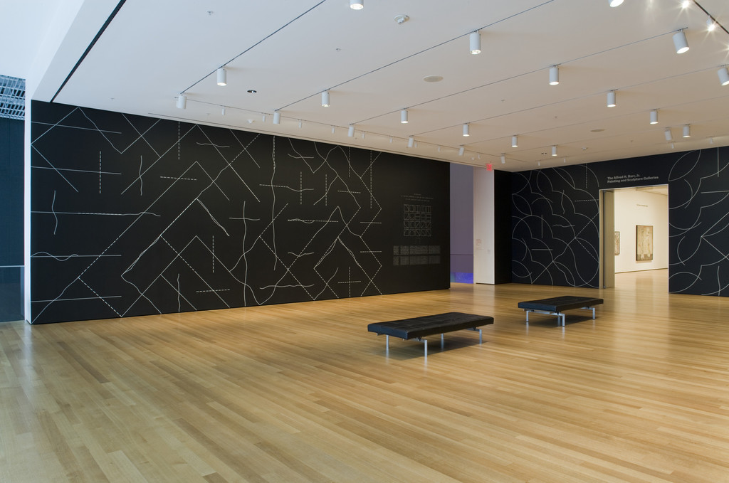 Wall Drawing #260, On Black Walls, All Two-Part Combinations of White Arcs from Corners and Sides, and White Straight, Not-Straight, and Broken Lines