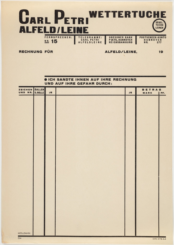 Stationery invoice for Carl Petrie, Alfeld/Leine, Wettertuche