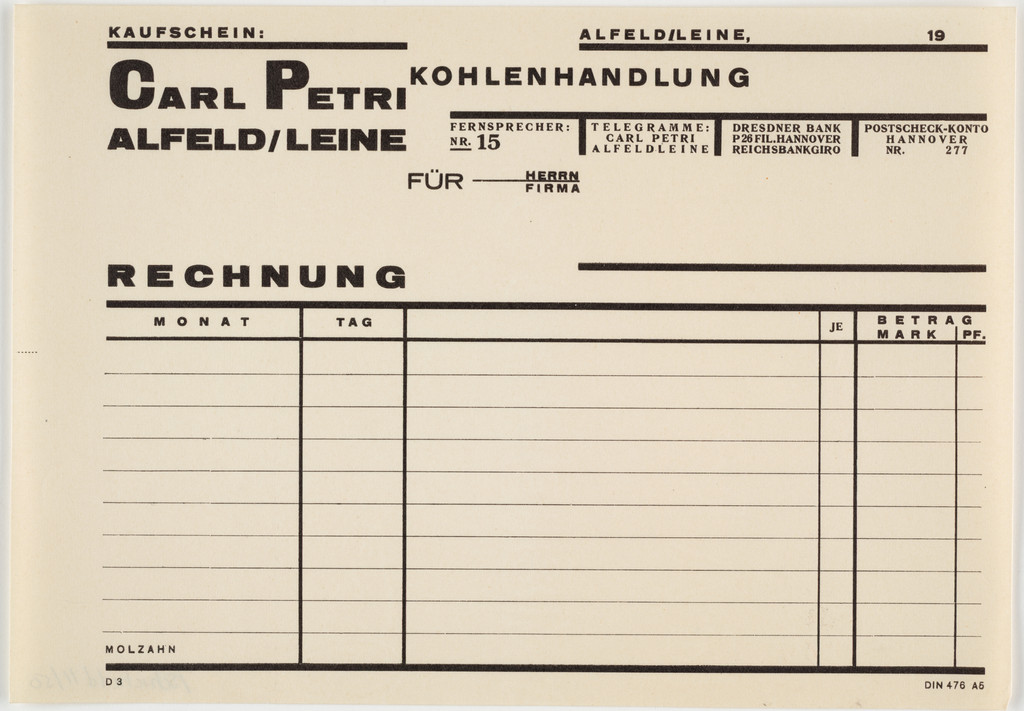 Carl Petrie, Alfeld/Leine, Kohlenhandlung, Rechnung